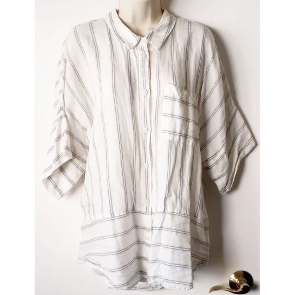 Athleta Linen Lyocell Button-Down Top XL EUC White Blue Pinstripe